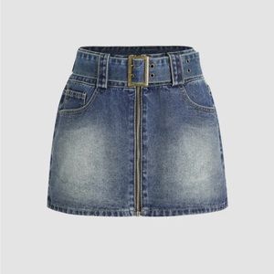 Denim zip up belted mini skirt